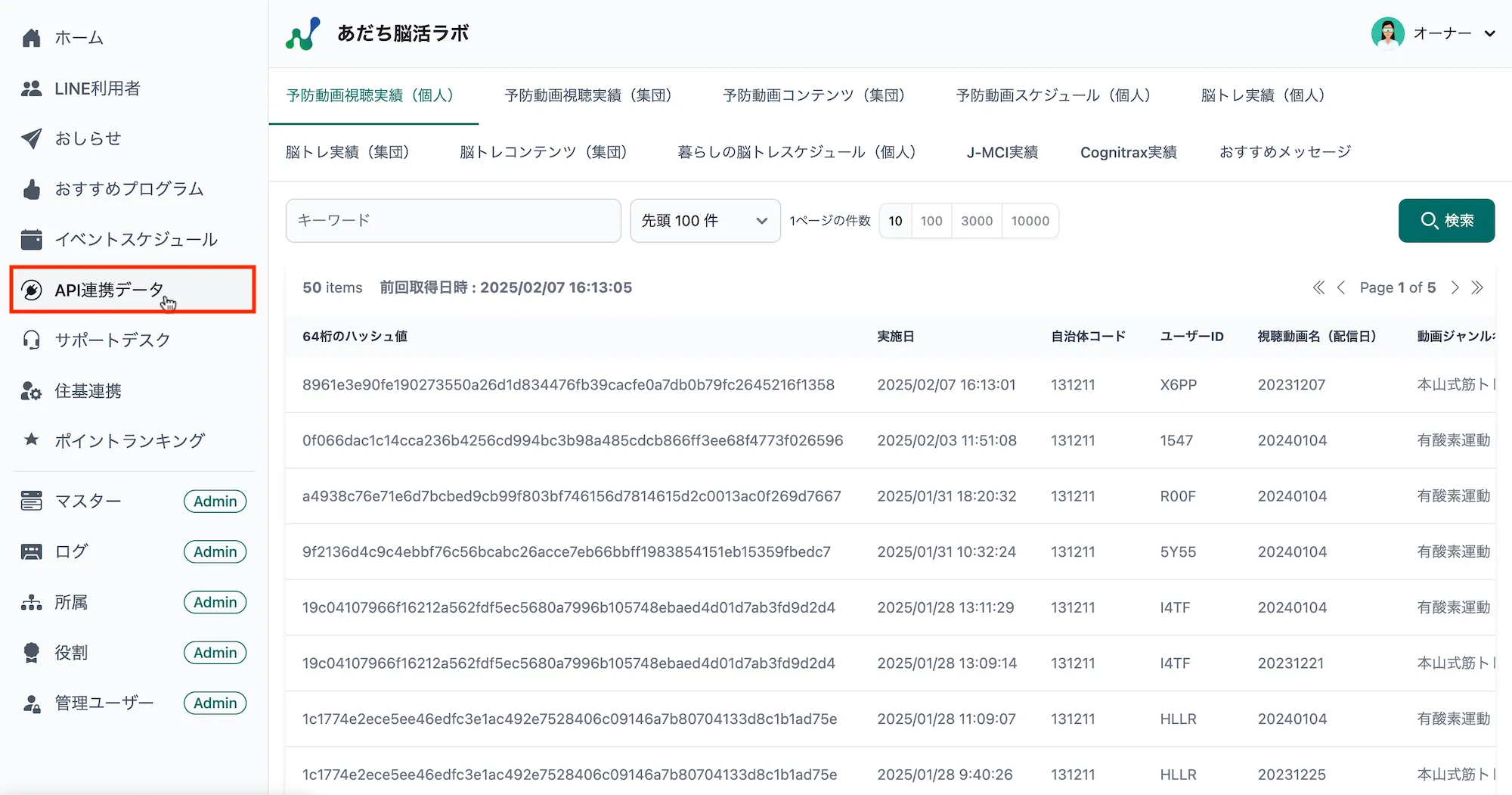 API連携データ画面