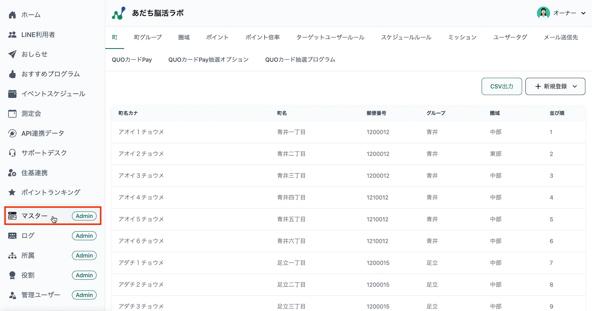 町マスター一覧