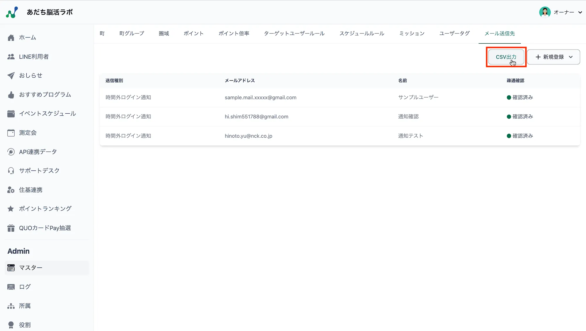 メール送信先マスター